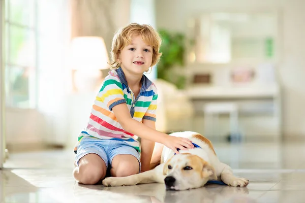赤ちゃん犬と遊ぶ子供 子供は子犬と遊ぶ 家に小さな男の子と大きな犬 子供と友情 子供はペットと床に座っている 動物愛護 — ストック写真