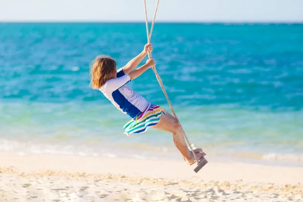 Child Swing Kid Swinging Tropical Beach Travel Young Children Summer — Stock Photo, Image