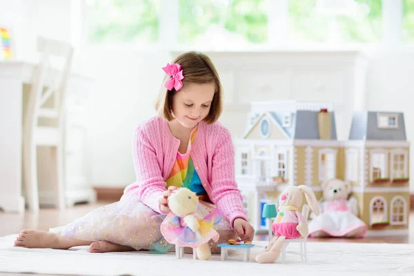 Little Girl Playing Doll House White Sunny Bedroom Kid Toys — Stock Photo, Image