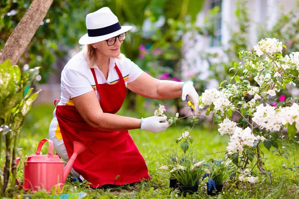 Senior Woman Gardening Retired Lady Sun Hat Watering Garden Plants — Stock Photo, Image