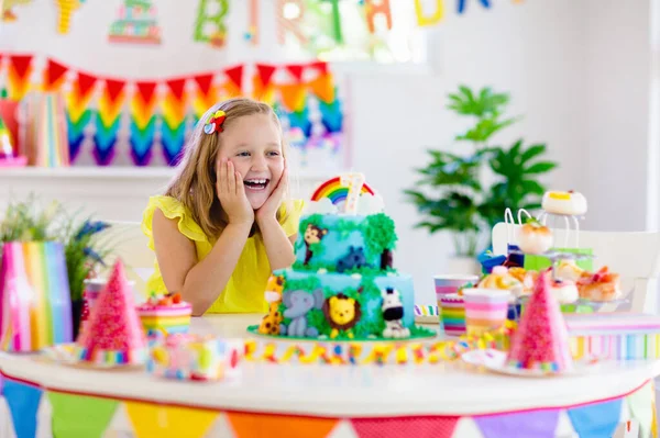 Kids Birthday Party Child Blowing Candles Cake Opening Presents Jungle — Stock Photo, Image