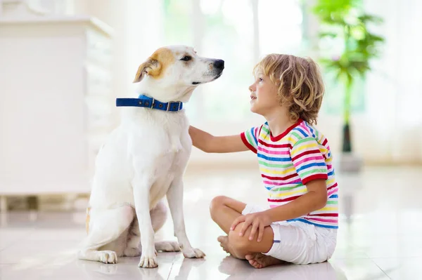 Bambino Che Gioca Con Cagnolino Bambini Giocano Con Cucciolo Ragazzino — Foto Stock