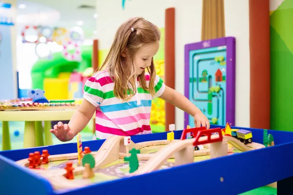 Kids Play Toy Railroad Little Girl Wooden Trains Indoor Playground — Stock Photo, Image