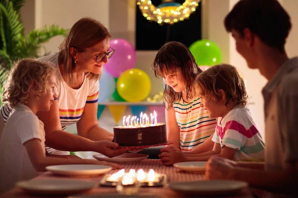 Kids Birthday Party Child Blowing Candles Cake Opening Presents Pastel — Stock Photo, Image