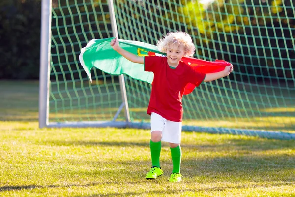 Kids Play Football Outdoor Field Portugal Team Fans National Flag — Stock Photo, Image