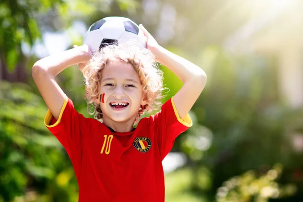 Belgium Football Fan Belgian Kids Play Soccer Outdoor Field Cheering — Stock Photo, Image