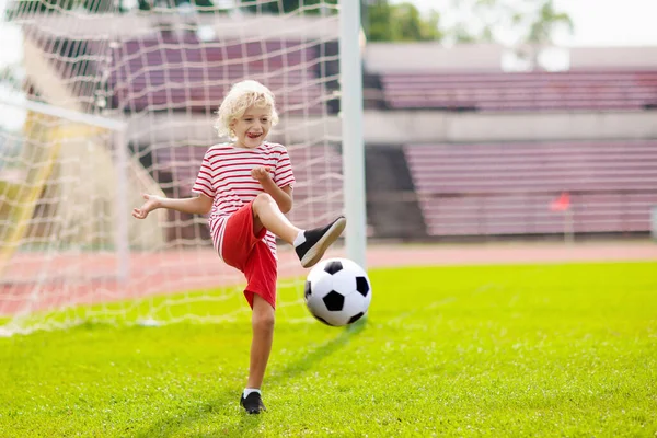 Kids Play Football Outdoor Stadium Field Children Score Goal Soccer — Stock Photo, Image