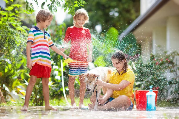 Enfants Laver Chien Dans Jardin Été Tuyau Eau Arroseur Amusant — Photo