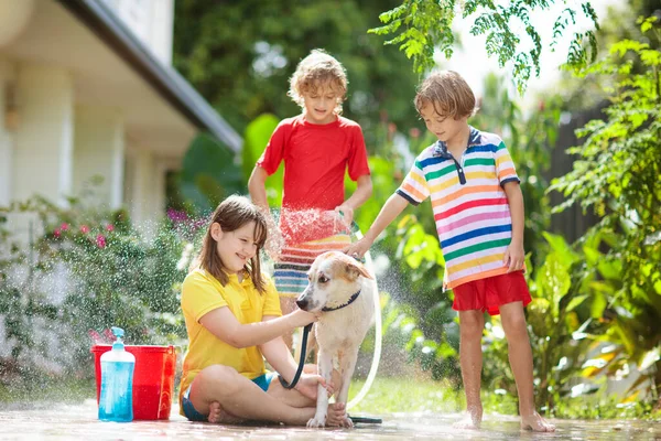 孩子们在夏天的花园里洗狗 水管和洒水的乐趣为孩子 百花盛开的后院 孩子们在户外的庭院里洗小狗 孩子们玩 带着宠物的孩子家庭浴犬 动物护理 — 图库照片