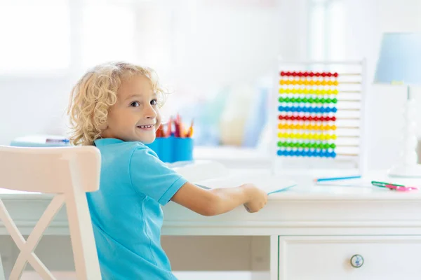 Child Drawing Rainbow Kid Painting Home Little Boy Doing Homework — Stock Photo, Image