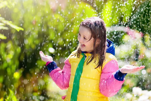 Child Playing Autumn Rain Kid Umbrella Little Girl Running Park — Stock Photo, Image