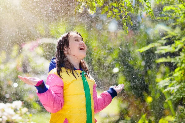 Child Playing Autumn Rain Kid Umbrella Little Girl Running Park — 图库照片