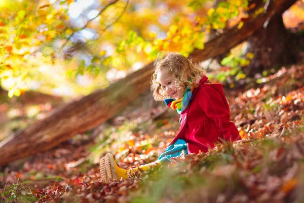 秋天公园里的孩子黄叶小女孩 小孩在玩金黄色的落叶 孩子们在户外玩耍 孩子们在森林里远足 十月阳光灿烂的一天 孩子们在枫树下玩耍 — 图库照片