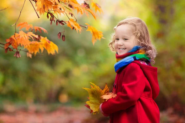 Niño Parque Otoño Niña Con Hoja Amarilla Niño Jugando Con —  Fotos de Stock