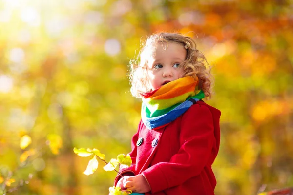 Barn Höstparken Liten Flicka Med Gult Löv Ungen Leker Med — Stockfoto