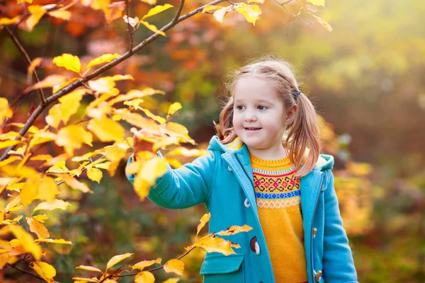 Kids Play Autumn Park Children Throwing Yellow Red Leaves Little — Stock Photo, Image