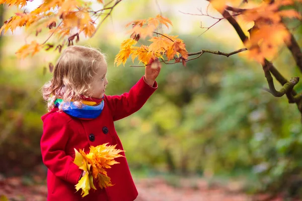 Bambino Nel Parco Autunnale Bambina Con Foglia Gialla Ragazzo Che — Foto Stock