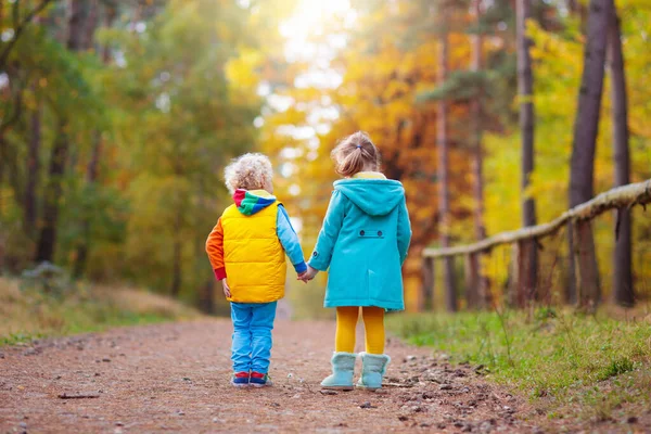 Kids Play Autumn Park Children Throwing Yellow Maple Leaves Boy — Stock Photo, Image