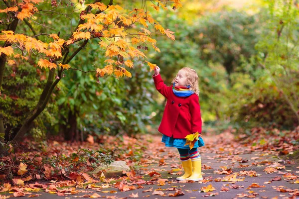秋の公園の子供 黄色い葉をした少女 秋の黄金の葉で遊ぶ子供 子供たちは屋外で遊ぶ 子供たちは森の中でハイキング 幼児子供下Aメイプルツリー上のA日当たりの良い10月の日 — ストック写真
