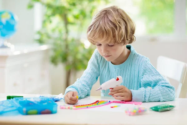 Crafts Kids Child Hot Glue Gun Creative Little Boy Sticking — Stock Photo, Image