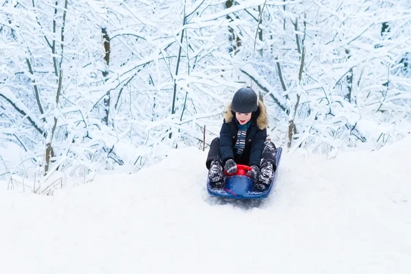 Šťastné smějící se dítě těší jízda na saních v zasněžené zimní park — Stock fotografie