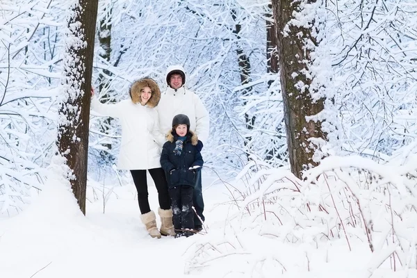 Happy young family with a cute little boy walking in a snowy park — Stock Photo, Image