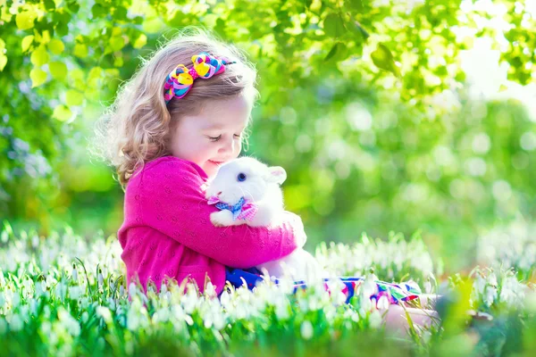 Kleines Mädchen spielt mit einem Kaninchen — Stockfoto