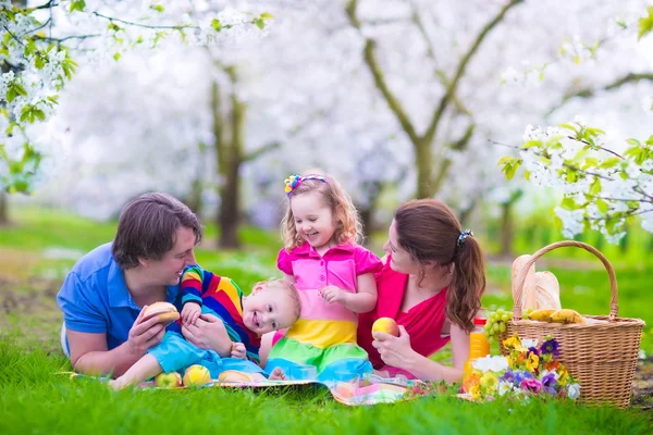 Fiatal család-val kids birtoklás piknik a szabadban — Stock Fotó
