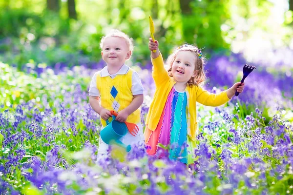 Kinder im Garten mit Blauglockenblumen — Stockfoto