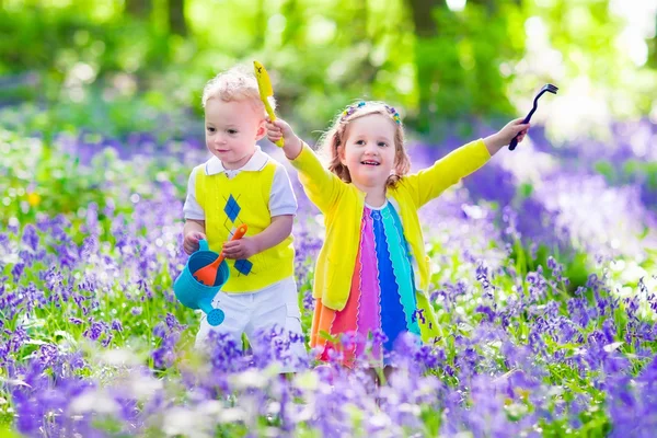 ブルーベルの花で庭の子供たち ロイヤリティフリーのストック画像