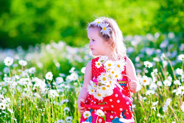 Little girl with water can in a daisy flower field — Stock Photo, Image