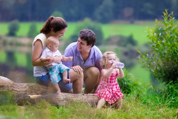 Молодая семья с детьми на озере — стоковое фото