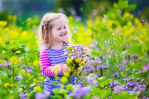 Niña recogiendo flores silvestres en un campo — Foto de Stock