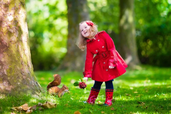 Niña alimentando a una ardilla en el parque de otoño — Foto de Stock