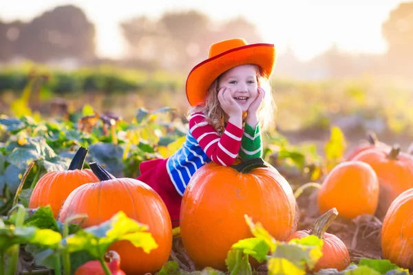 Kind spelen op pompoen patch — Stockfoto