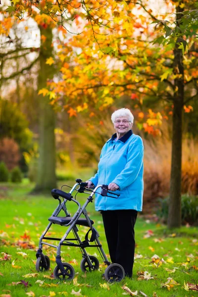 Senior senhora com um caminhante no parque de outono — Fotografia de Stock