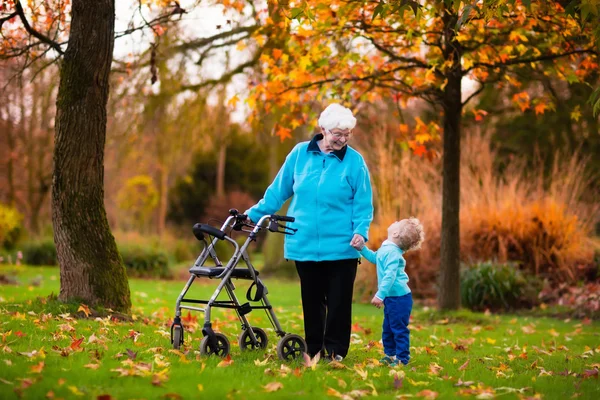 Senior dam med rullator njuter familj besök — Stockfoto