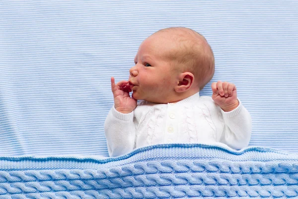 Nyfödd baby pojke på en blå filt — Stockfoto