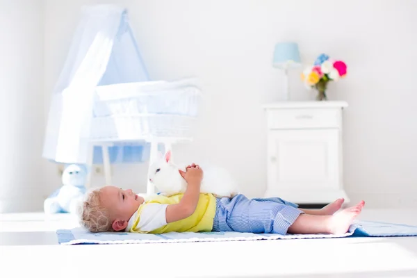 Menino brincando com animal de estimação coelho — Fotografia de Stock