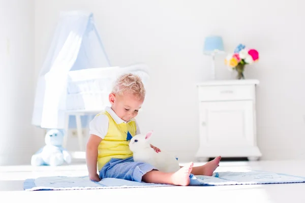 Pequeño niño jugando con conejo mascota —  Fotos de Stock