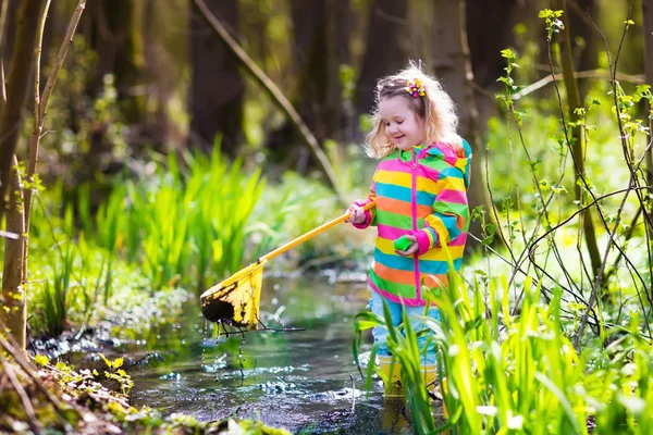 Kleines Mädchen fängt einen Frosch — Stockfoto