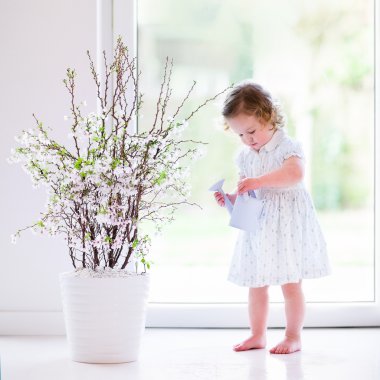 Little girl with first spring flowers at home