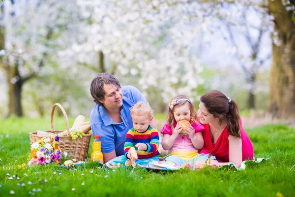 Famiglia godendo picnic in giardino fiorito — Foto Stock