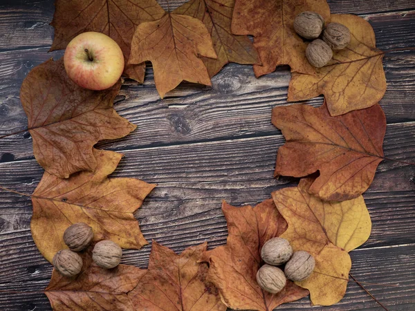 Nuts Dry Leaves Wood Autumnal Concept — Stock Photo, Image