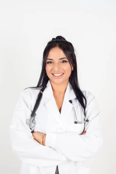 Retrato Médico Feminino Fundo Branco — Fotografia de Stock