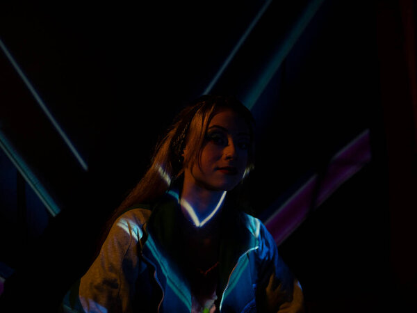 modern woman, neon lights dark backgrounds disco