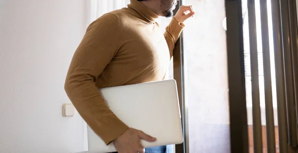 Modern Man Who Works Home Your Laptop — Stock Photo, Image