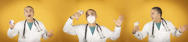 doctor with thermometer to control infected, yellow background