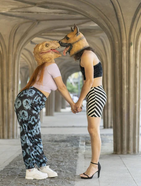 Plaisanter Couple Drôle Avec Des Masques Animaux — Photo