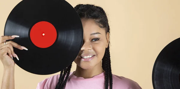 Pretty Young Woman Covers Her Face Old Vinyl — Stock Photo, Image